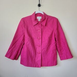 Pink Barbicore Womens Jacket Size 8 Button Front Collared 3/4 Sleeve Linen Blend